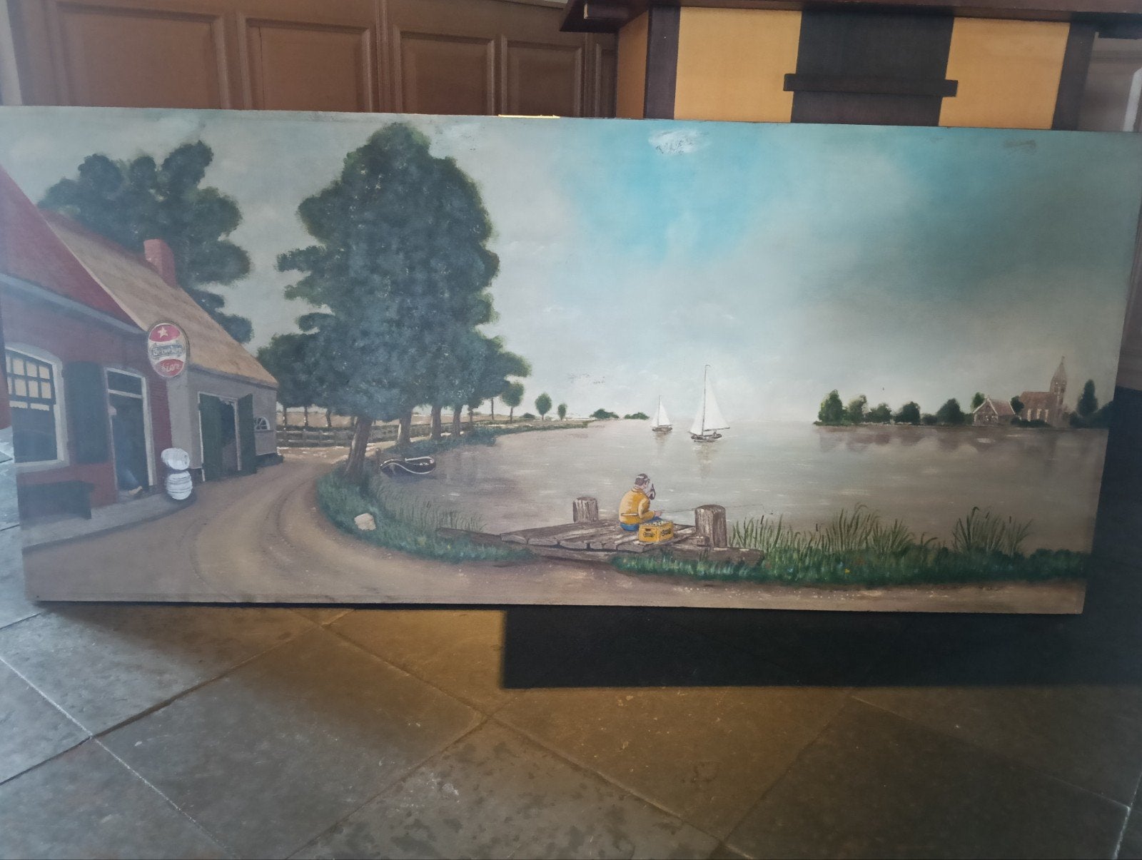 Groot Schilderij: Hollands Landschap met Water en Huis, Ophalen, Doek, Realistisch, Landschap