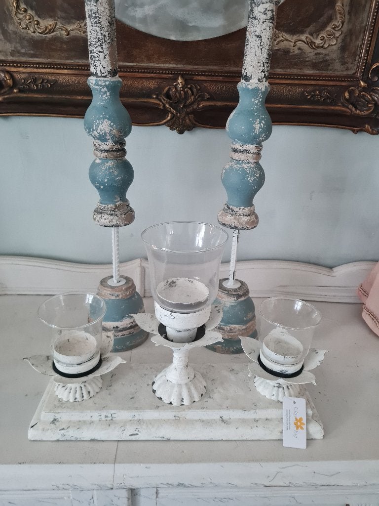 Metalen kandelaar met glazen kelken, Heikant 21 Kaatsheuvel, Wit, Belle Vieille Brocante, Nieuw