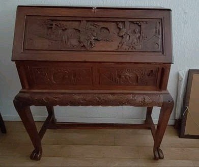 Antiek Chinees secretaire bureau met houtsnijwerk, Ophalen