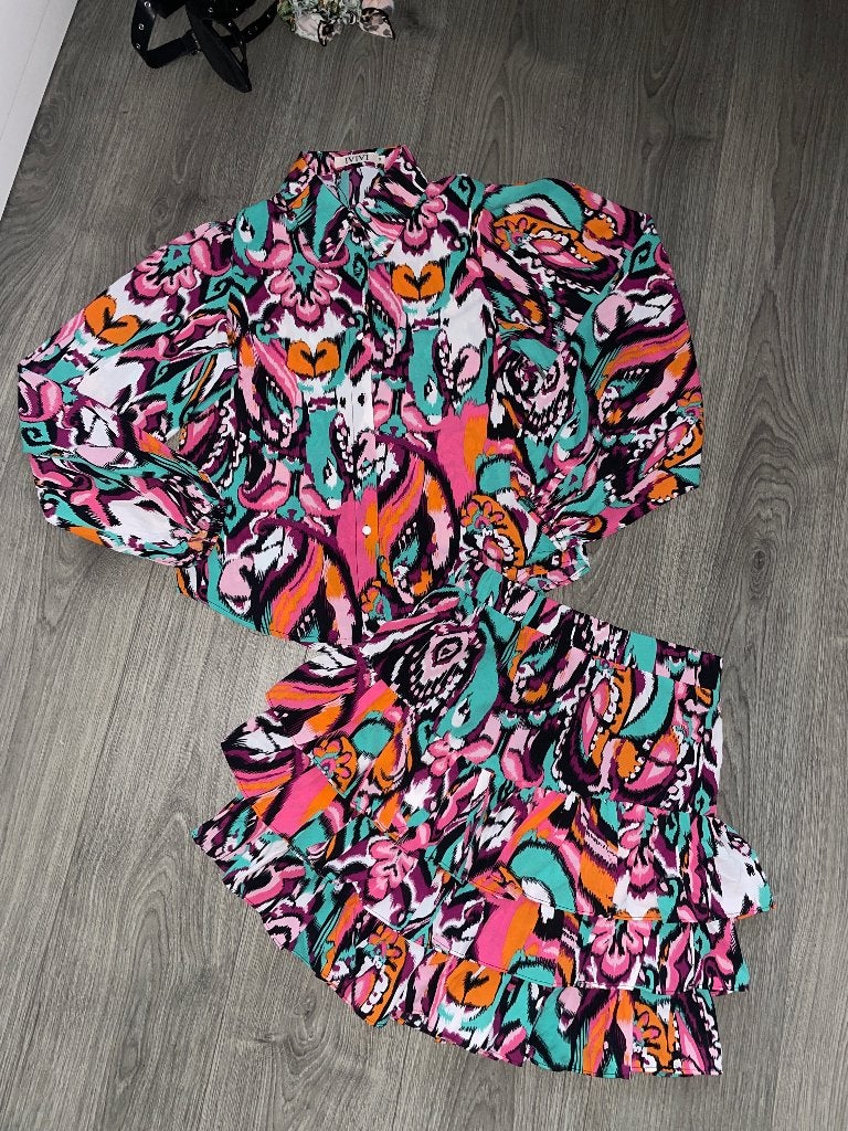 IVIVI multicolor boho ibiza ruffle set blouse skirt rok mt S, Maat 38/40 (M), Ophalen of Verzenden, Zo goed als nieuw, Knielengte