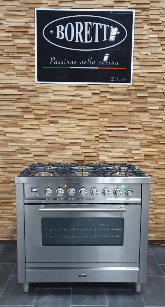 Boretti Fornuis 90cm rvs + rvs 1 300° oven 6 pits, Witgoed en Apparatuur, Fornuizen, Zo goed als nieuw, Vrijstaand, Gas, 5 kookzones of meer