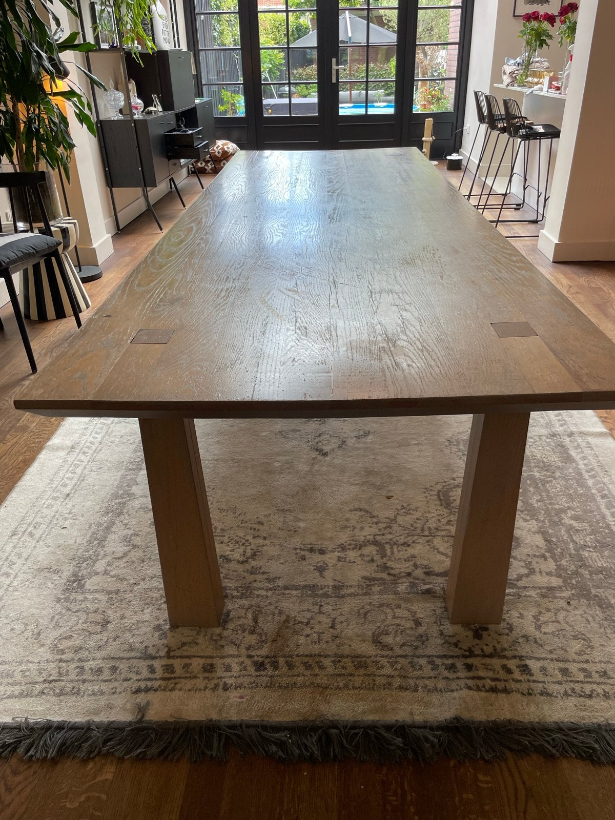 Massief eikenhouten eettafel (Eindhovens design), Huis en Inrichting, Tafels | Eettafels, Ophalen, Gebruikt, Eikenhout, 200 cm of meer