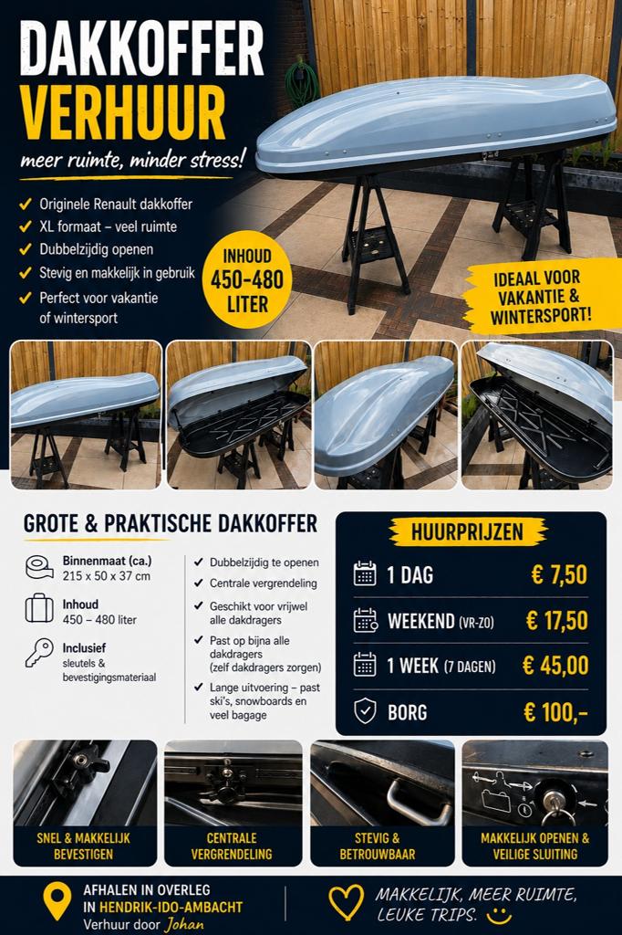 Dakkoffer te huur – Ruim, afsluitbaar en compleet, Auto diversen, Dakkoffers, Gebruikt, Ophalen