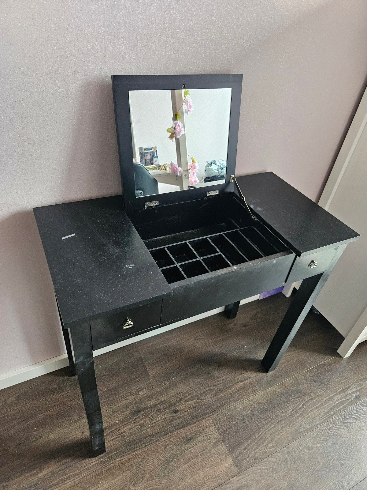 Zwarte kaptafel met spiegel en opbergruimte, Ophalen, Gebruikt, 100 tot 150 cm, 50 tot 100 cm
