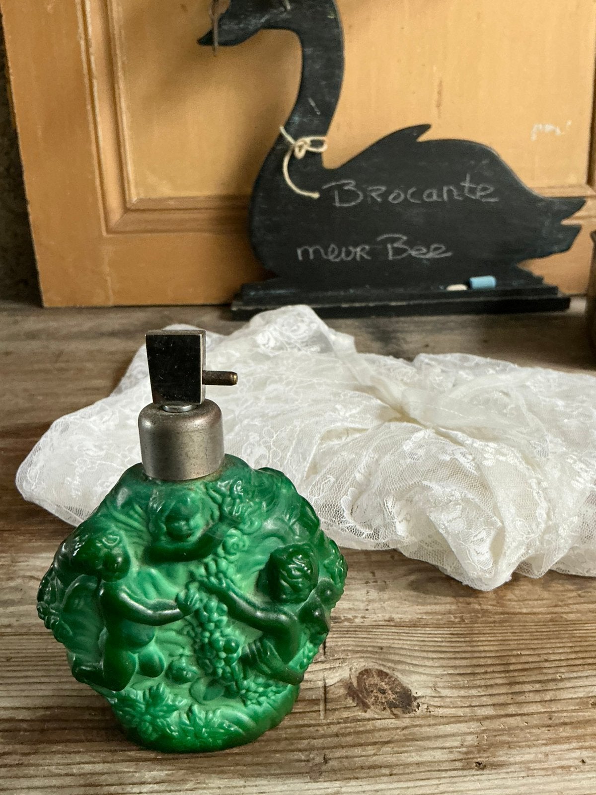 Vintage Boheems Malachiet glazen  Art Deco parfumflesje, Ophalen of Verzenden