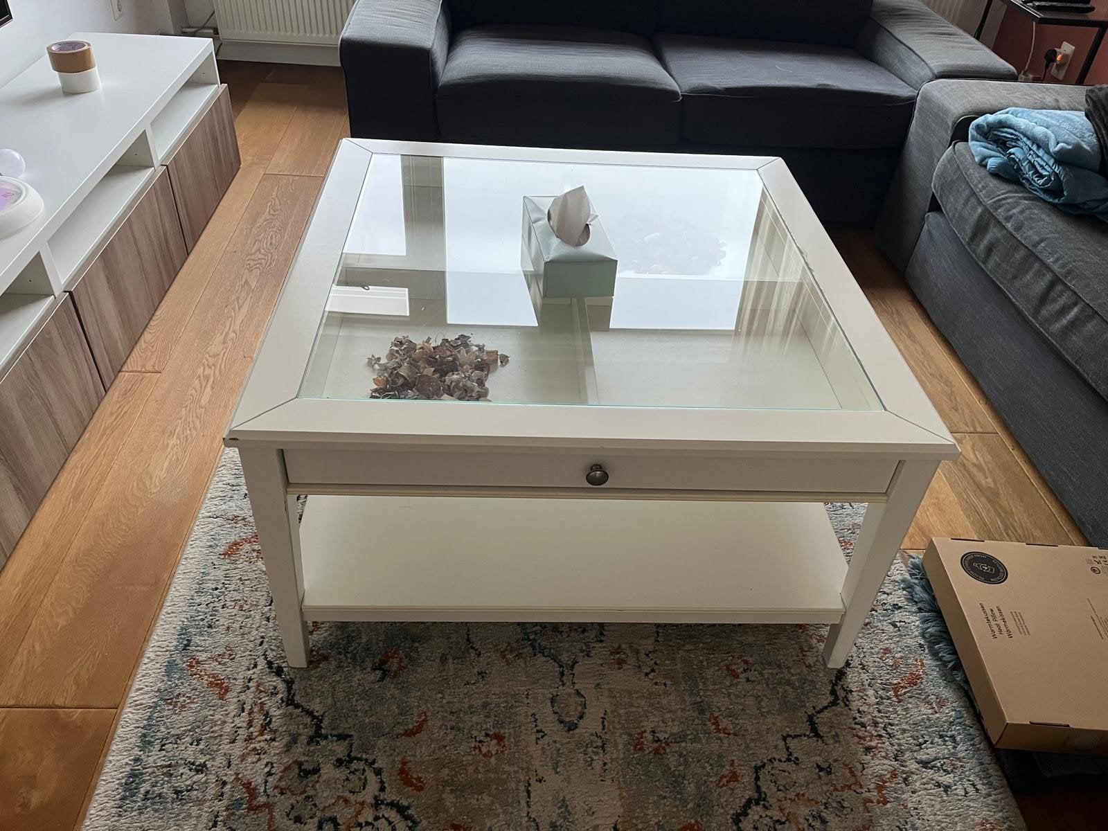 IKEA Salontafel met glazen blad en lade - 93x93x51 cm, Huis en Inrichting, Ophalen, 50 – 75, Gebruikt, 50 tot 100 cm