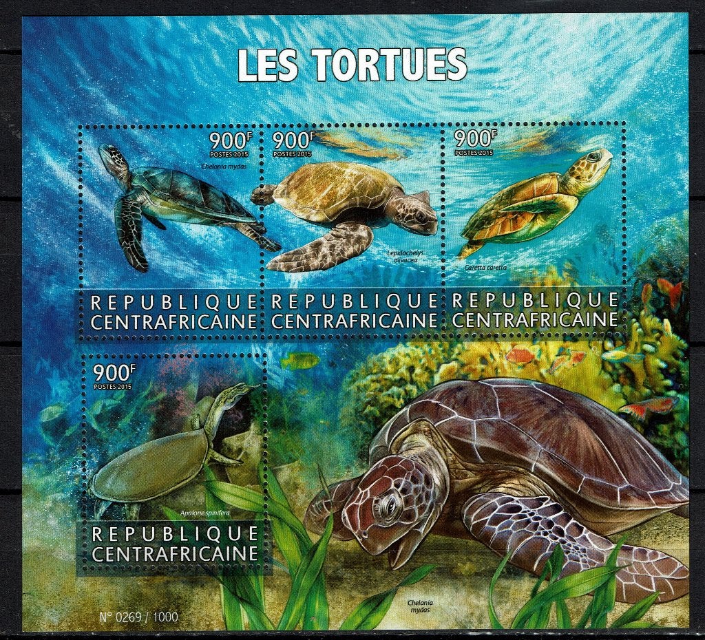 C.AFRIKA 2015 PF BLOK SCHILDPADDEN TURTLRES REPTIELEN 2, Ophalen of Verzenden, Postfris, Dier of Natuur