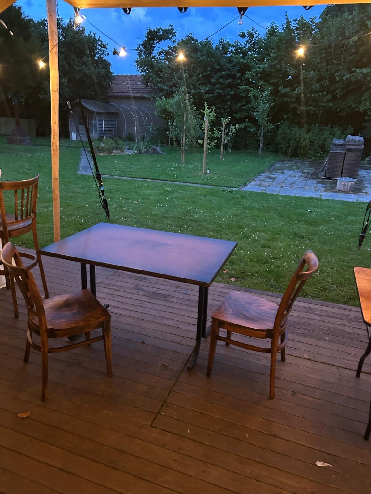 Houten tafels en stoelen - (ook inklapbare tafels), Gebruikt, Bruin, Ophalen of Verzenden, Vijf, Zes of meer stoelen