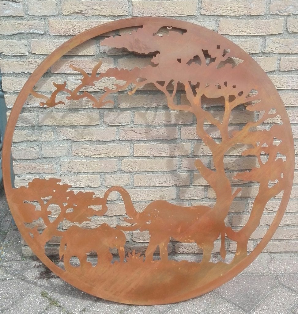 Wandornament olifanten in bos roest gelakt 100 cm cadeau, Ophalen of Verzenden, Nieuw, Bruin, Metaal
