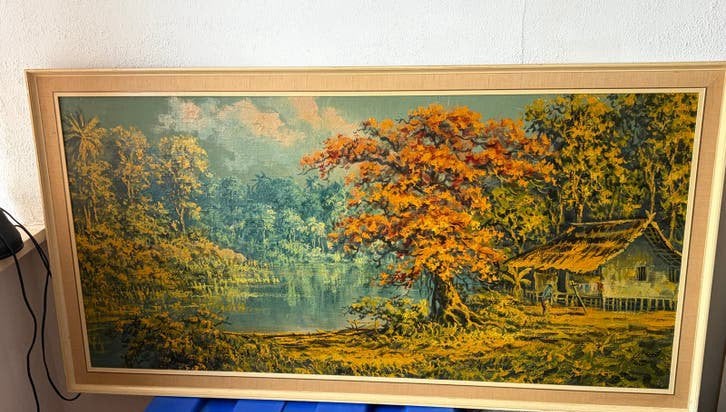 Tropisch Landschap Schilderij met Huisje en Rivier, Ophalen, Doek, Realistisch, Landschap