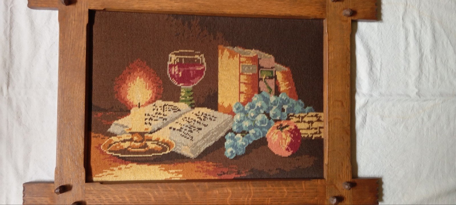 vintage prachtig borduurschilderij  stilleven, Ophalen of Verzenden, Zo goed als nieuw, Minder dan 50 cm, Schilderij