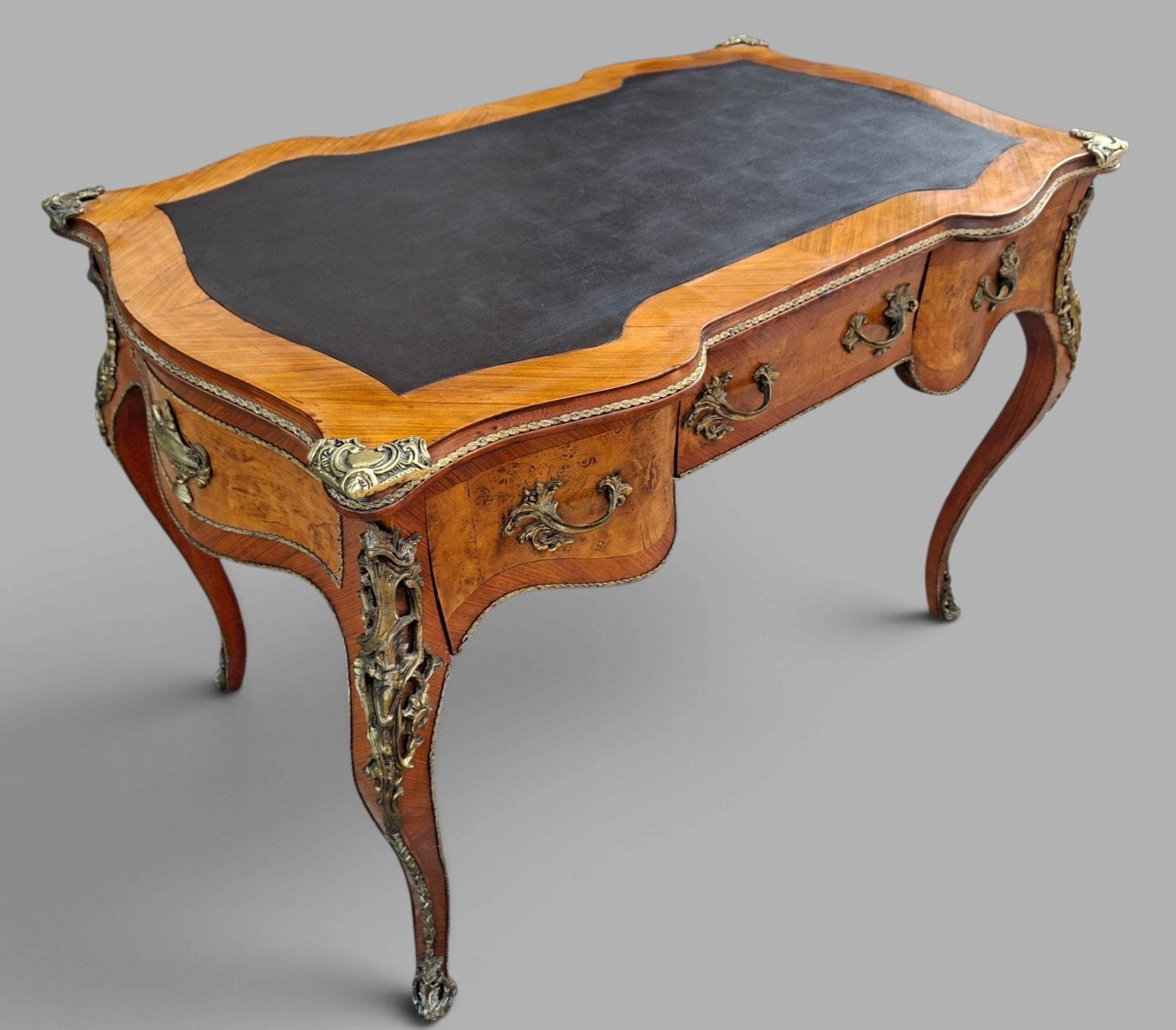 Klassieke smalle schrijftafel, bureau, desk met lederen inle, Ophalen of Verzenden