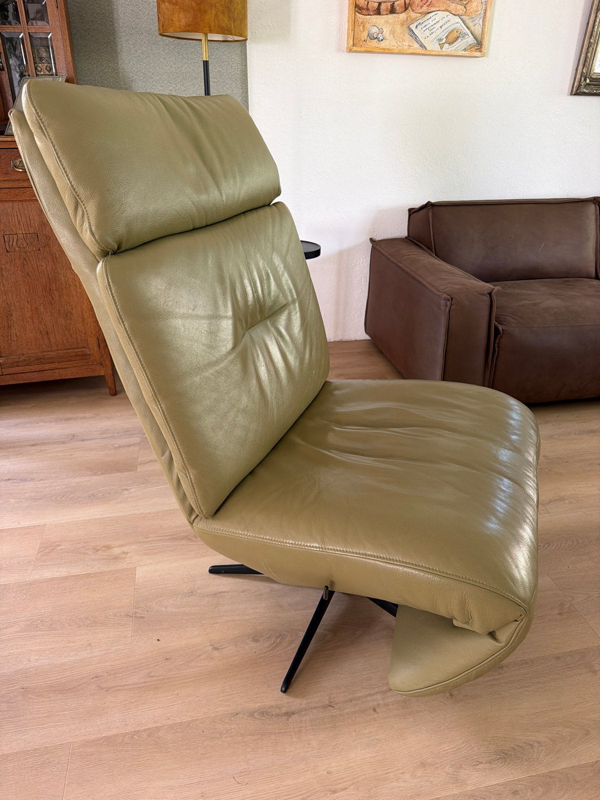 Leren relaxfauteuil - Olijfgroen, Huis en Inrichting, Ophalen, Gebruikt, Leer, 150 cm of meer