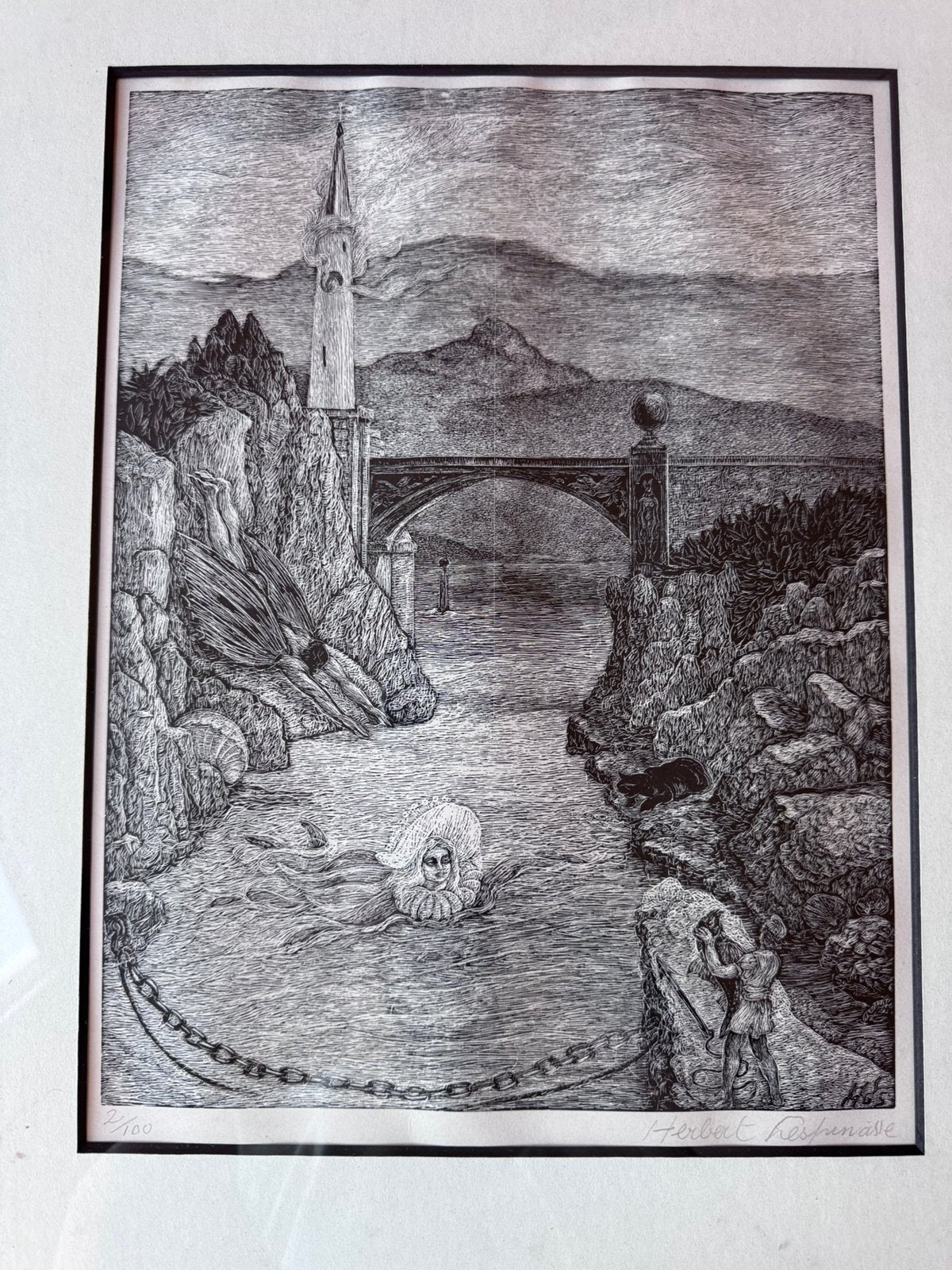 Houtsnede Herbert Lespinasse 2/100, Ophalen, Mythologie, Houtsnede, Gesigneerd