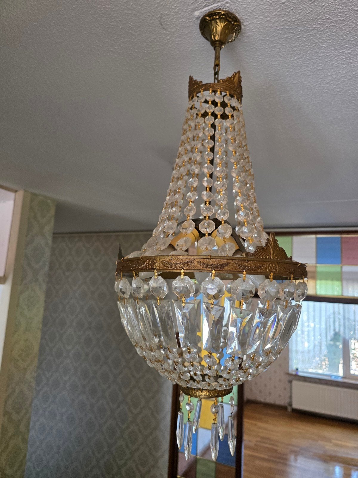 Prachtige Antieke Empire Zakkroonluchter - Kristal 73cm, Huis en Inrichting, Lampen | Kroonluchters, Ophalen of Verzenden