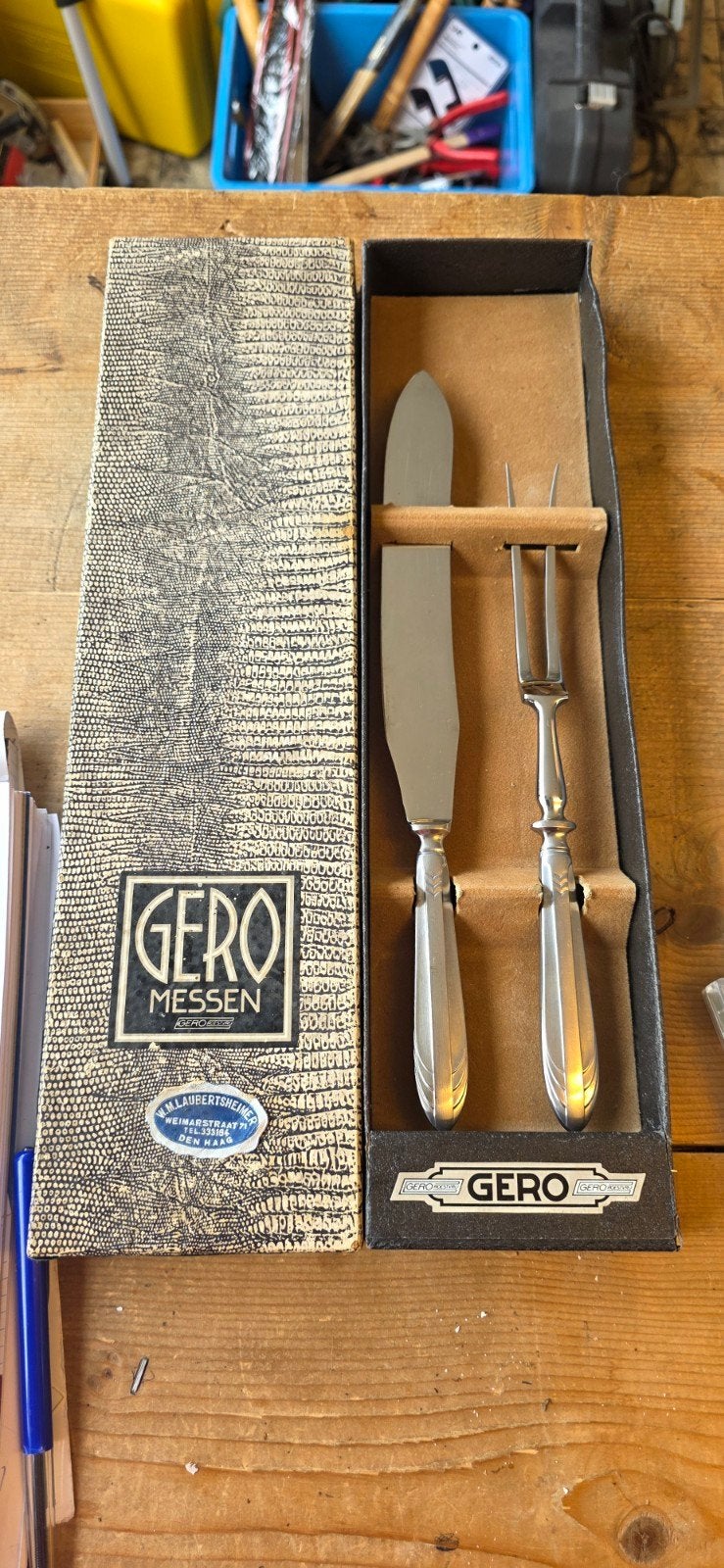 Vintage Gero Messen Vleesvork en Snijmes Set in Doos, Ophalen of Verzenden