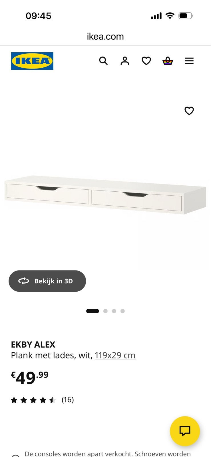 IKEA EKBY ALEX Plank met laden, wit, 119x29 cm, Ophalen, Overige materialen, Gebruikt, 100 tot 150 cm