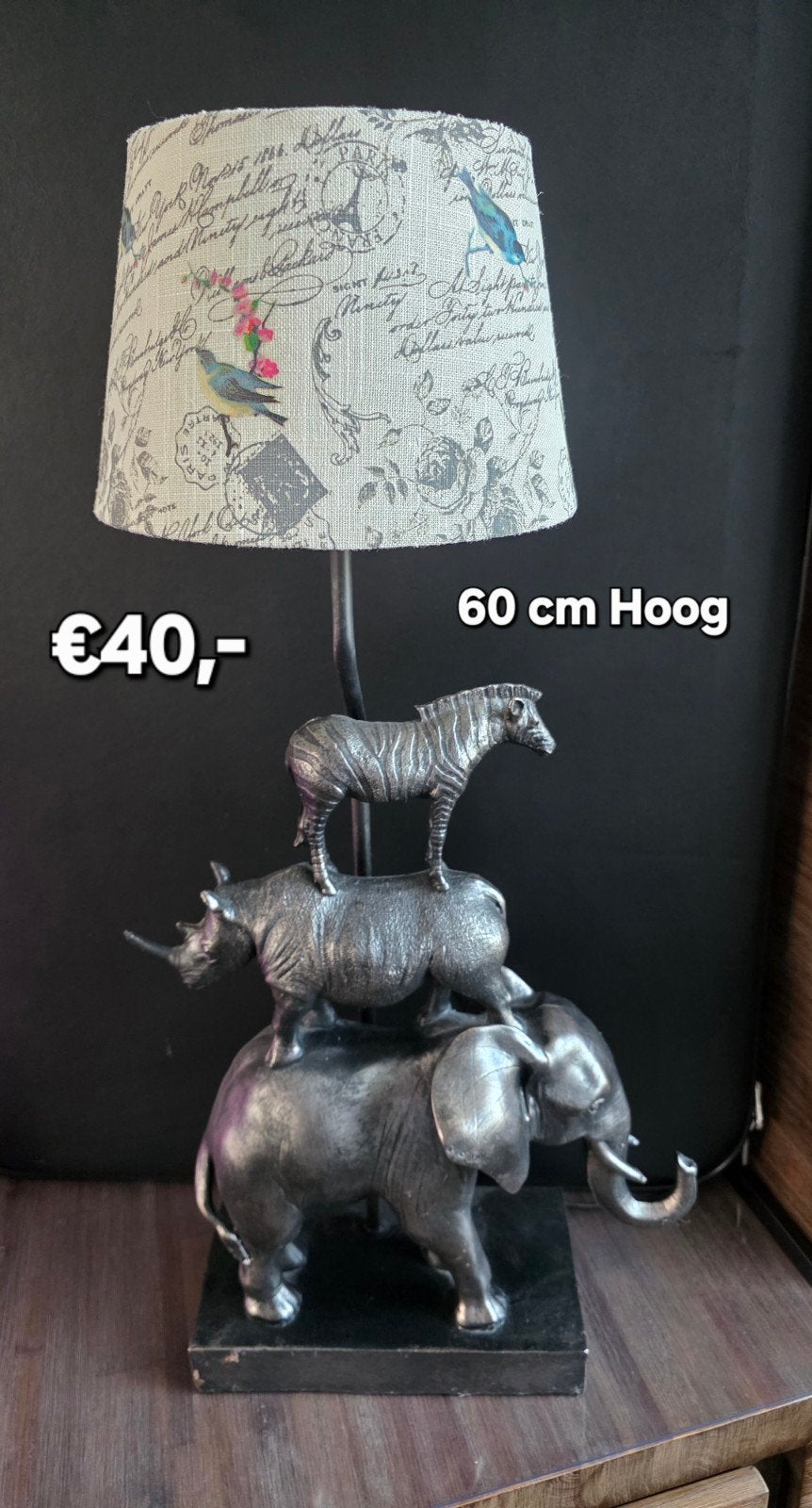 Dieren Tafellamp Olifant Neushoorn Zebra 60cm hoog, Grijs, Ophalen of Verzenden, Zo goed als nieuw, 60 cm