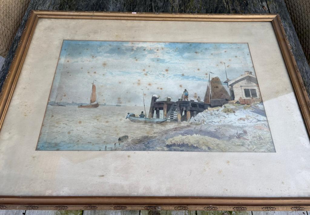 Aquarel zeezicht en steiger, Ophalen of Verzenden