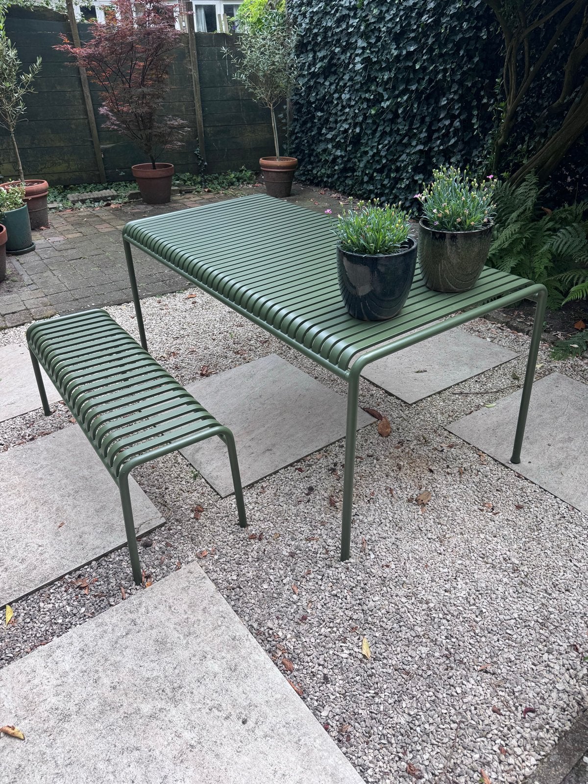 Hay Palissade Tafel + Bankje - Groen, Ophalen, Zo goed als nieuw, Rechthoekig, Metaal