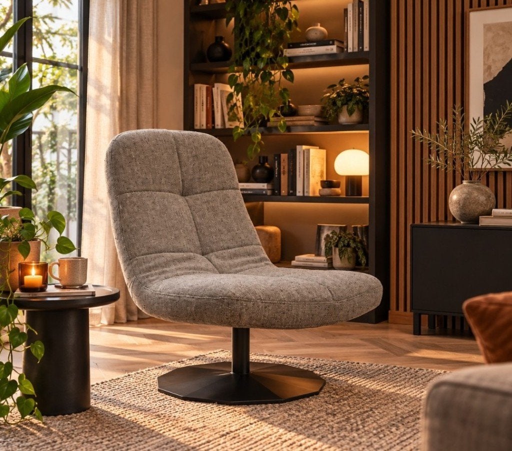 Luxe fauteuil Lush Jess design metaal stof draaibaar naturel, Huis en Inrichting, Ophalen, 75 tot 100 cm, Zo goed als nieuw, Metaal