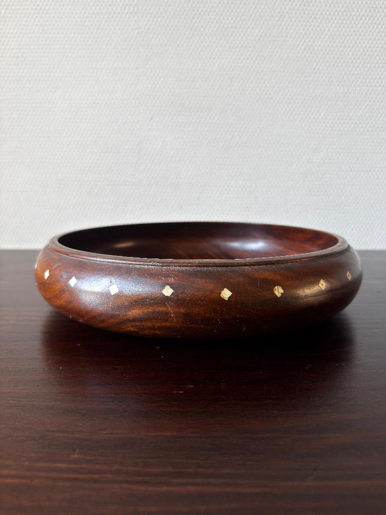 Vintage Teak Houten Schaal Ingelegd met Been, Fruitschaal, Schaal, Rond, Ophalen of Verzenden, Zo goed als nieuw