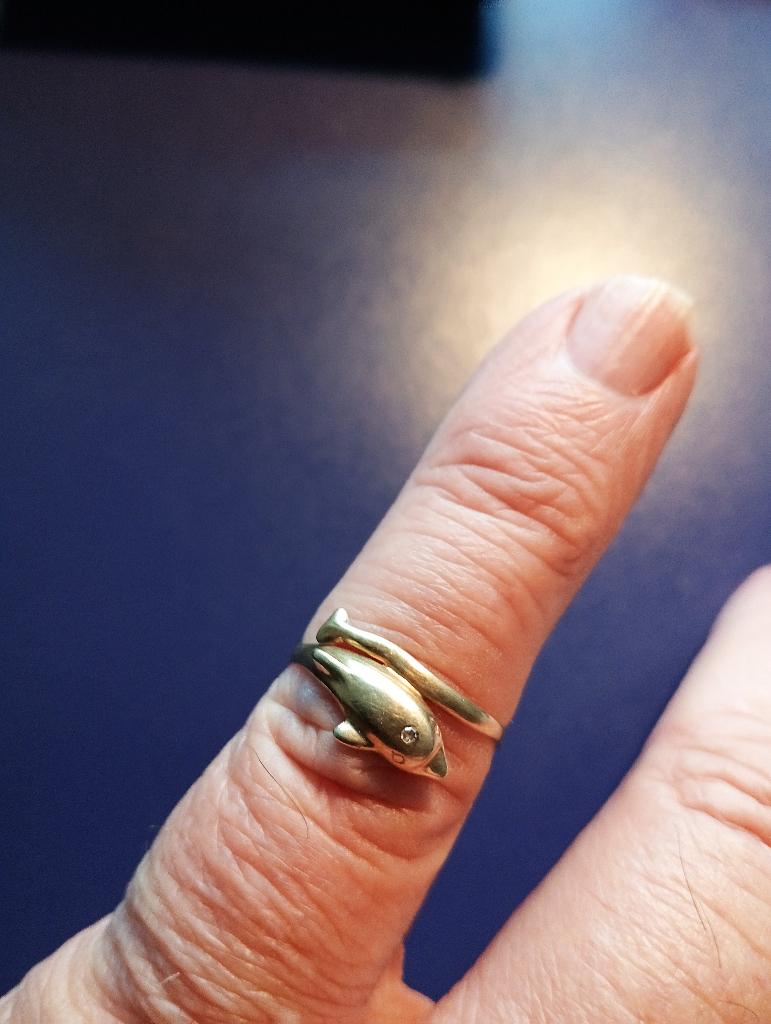 Goude Dolfijn ring met kleine briljant in zetting, Ophalen of Verzenden, Met edelsteen, Dame, Goud
