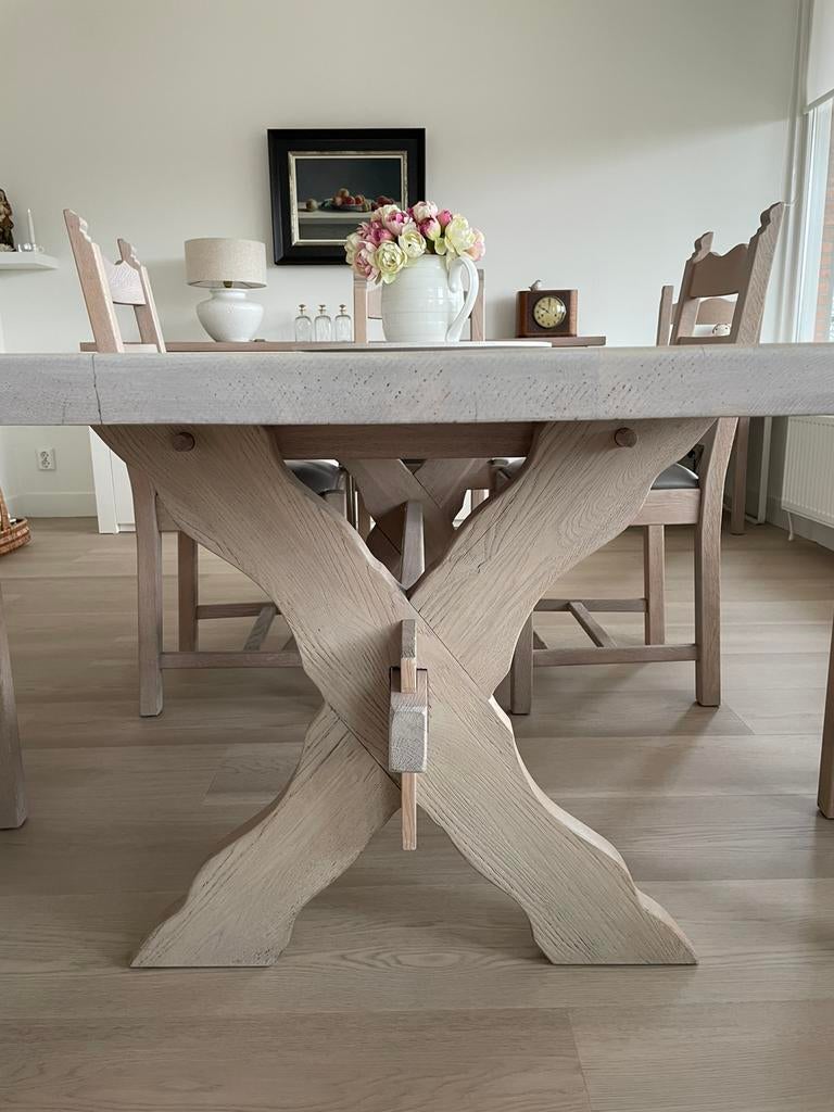 Super Mooi! Deze eiken houten kloostertafel met 5 stoelen, Ophalen, Gebruikt, 50 tot 100 cm, 150 tot 200 cm