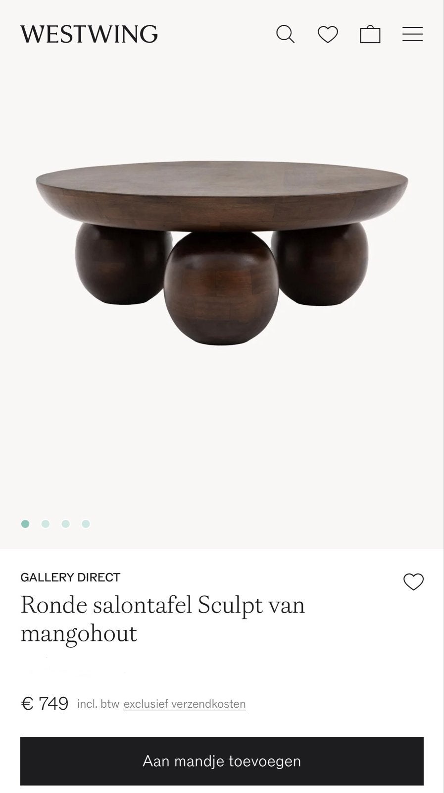 Westwing salontafel Sculpt mangohout 90 cm nieuw, Ophalen, Rond, Nieuw, 50 tot 100 cm