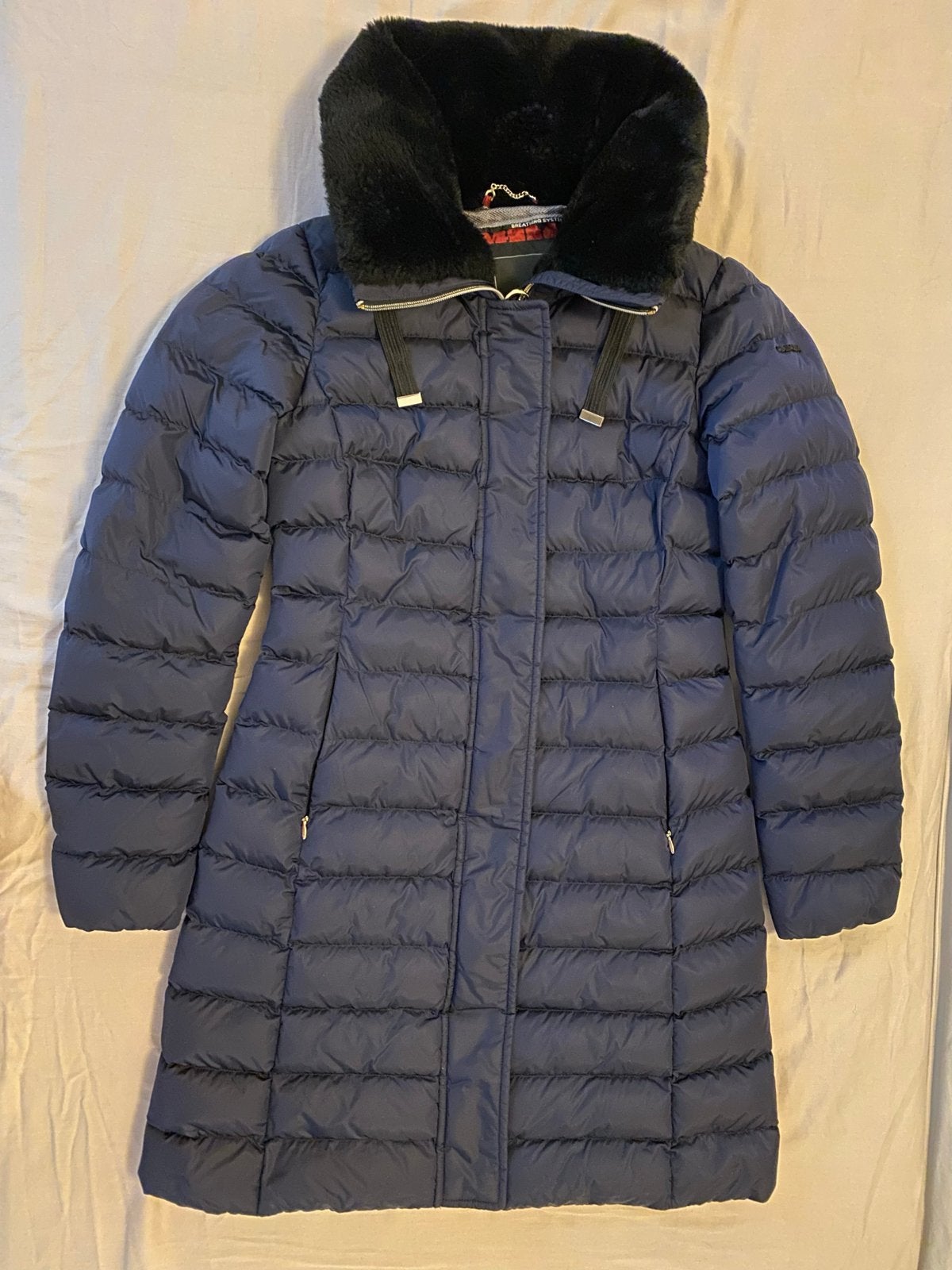 Geox “Respira” Dames Puffer Jas - Donkerblauw met Bontkraag, Ophalen of Verzenden, Zo goed als nieuw, Maat 34 (XS) of kleiner
