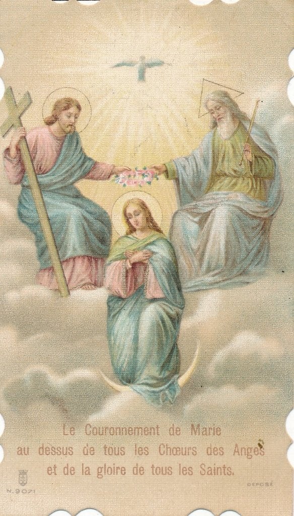 Mooi oud devotieprentje Maria wordt gekroond Drie- eenheid, Ophalen of Verzenden, Zo goed als nieuw, Kaart of Prent, Christendom | Katholiek