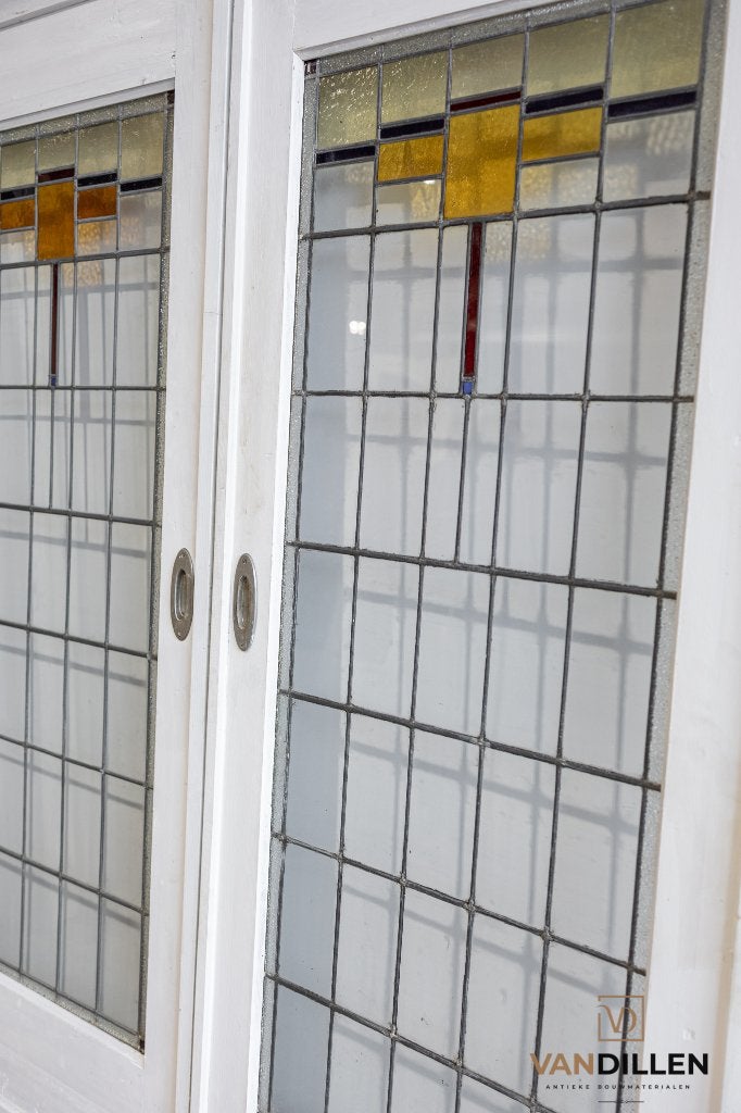Antieke ensuite / schuifdeuren glas in lood motief, 120 cm of meer, Binnendeur, Ophalen of Verzenden, Zo goed als nieuw