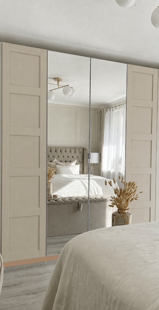 Ikea Pax kasten Grijsbeige en spiegel 200x 236, Antieklook glas in lood, Gebruikt, 100 tot 150 cm, 200 cm of meer