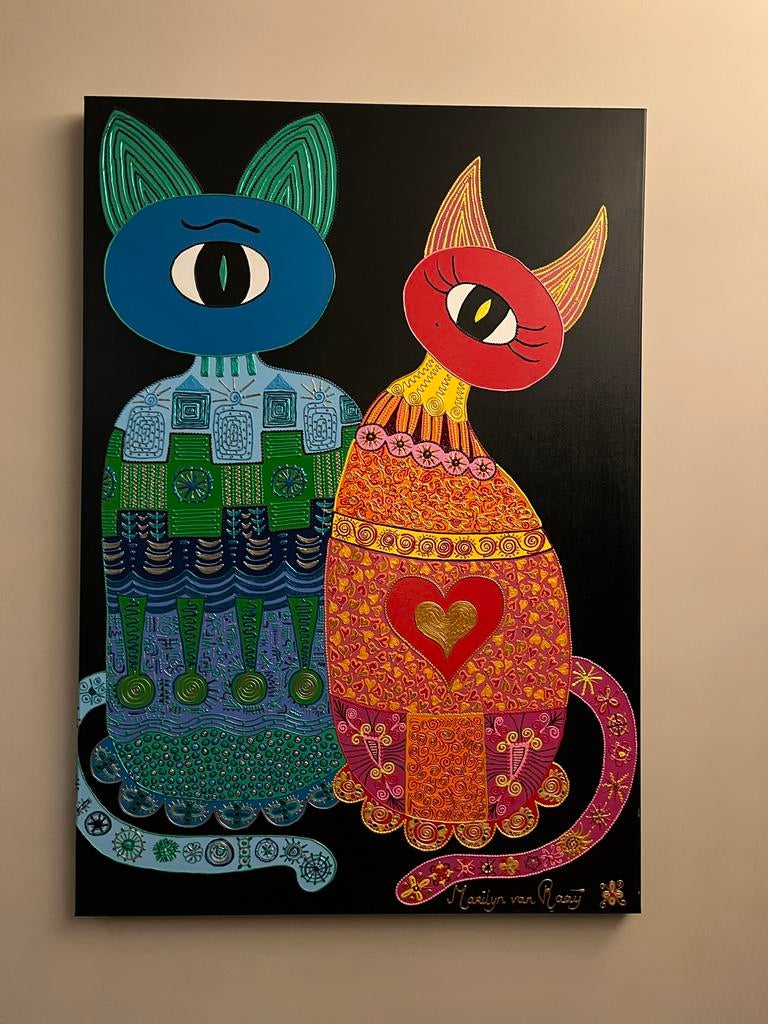 Marilyn van Raay 'Love Cats' Schilderij - 90x130 cm, Antiek en Kunst, Kunst | Schilderijen | Modern, Ophalen