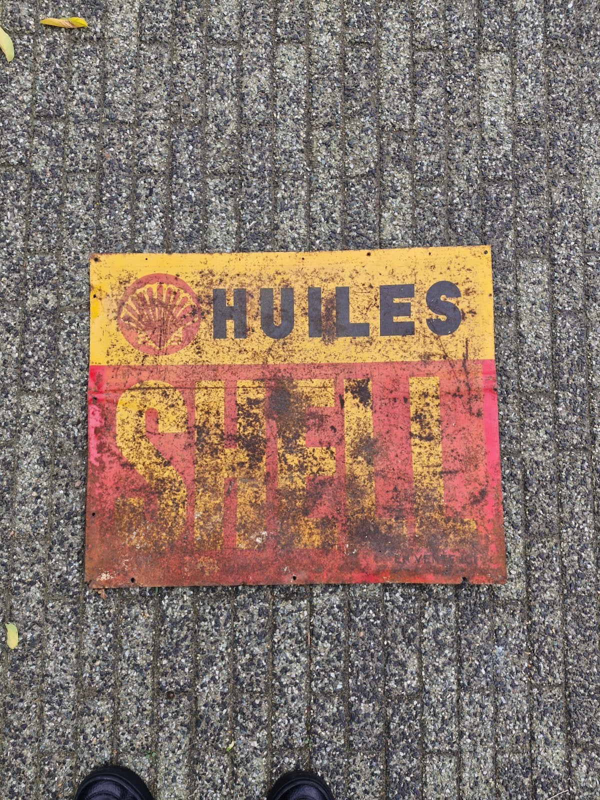 Vintage Shell Huiles Emaille Reclamebord - Roestig, Ophalen of Verzenden