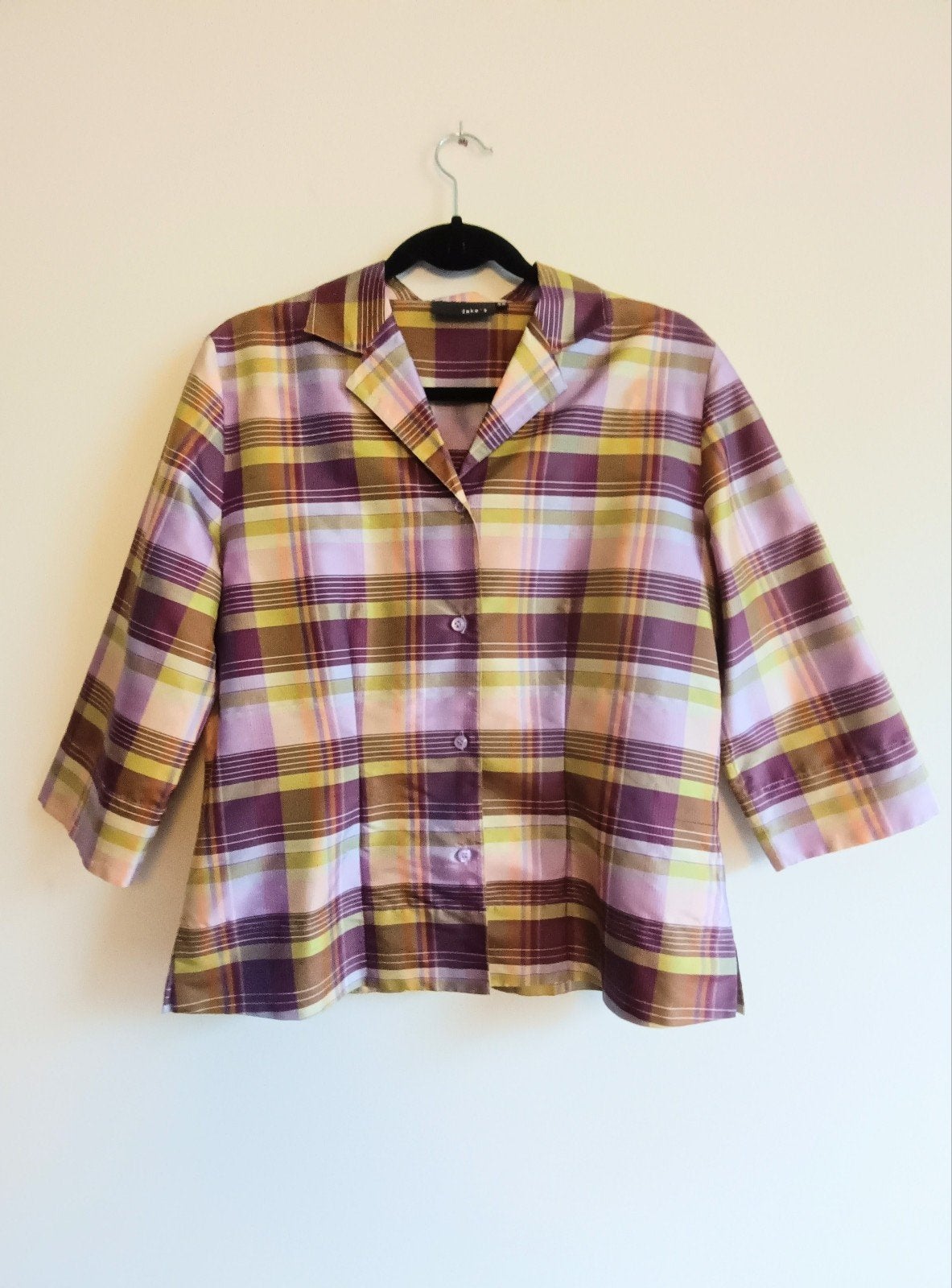 Jakes multi-color geruite zijden blouse - Maat 38, Kleding | Dames, Maat 38/40 (M), Paars, Ophalen of Verzenden, Zo goed als nieuw