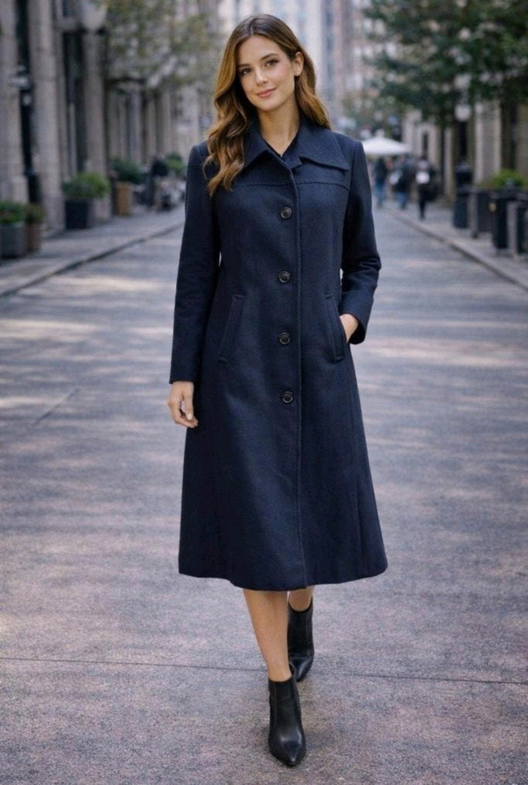 Mango donkerblauwe lange manteljas – maat M, Kleding | Dames, Jassen | Winter, Mango, Blauw, Ophalen of Verzenden, Zo goed als nieuw