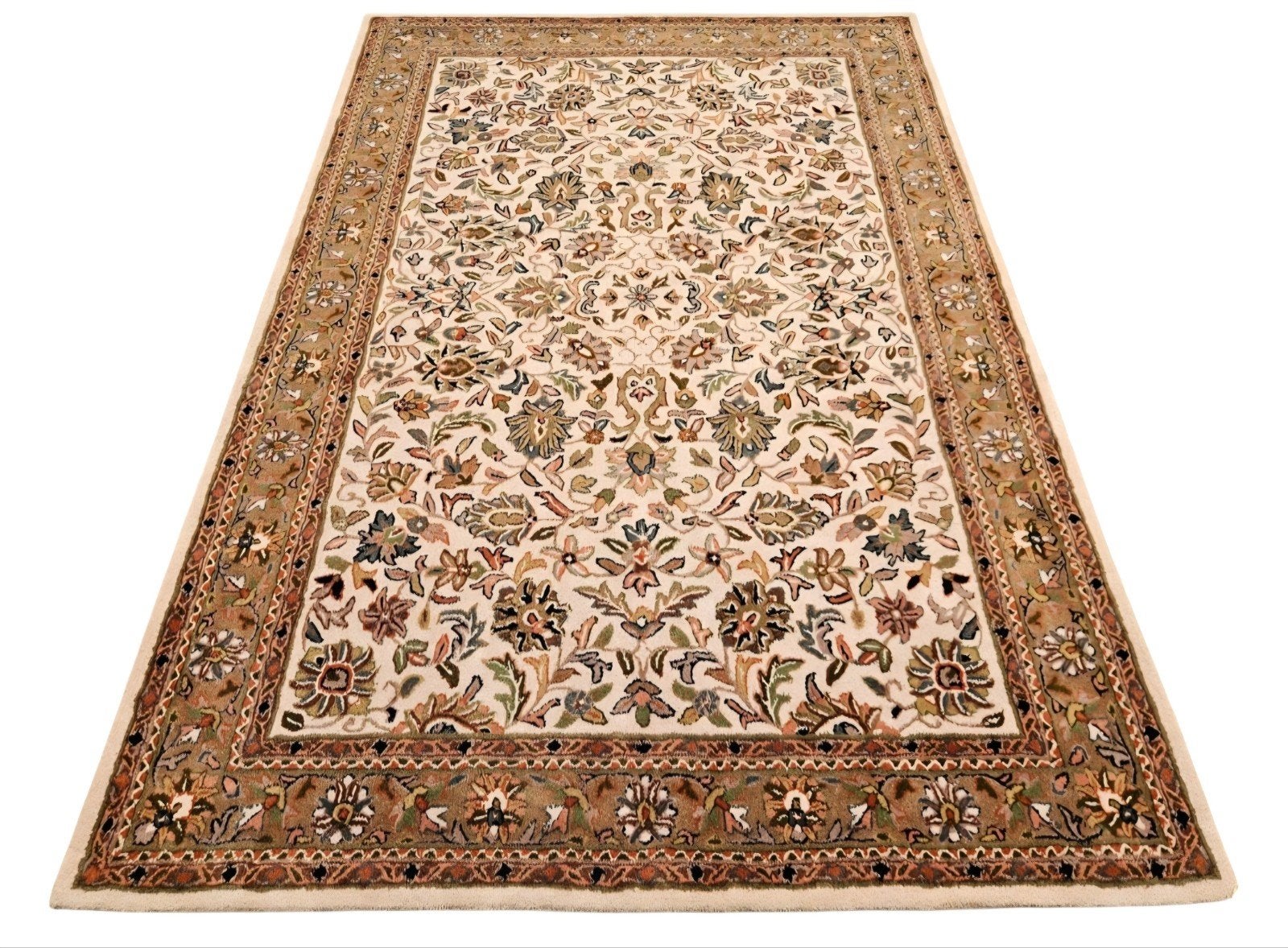 Handgeknoopt oosters wol Keshan tapijt floral crème 196x292, Huis en Inrichting, Stoffering | Tapijten en Kleden, Zo goed als nieuw
