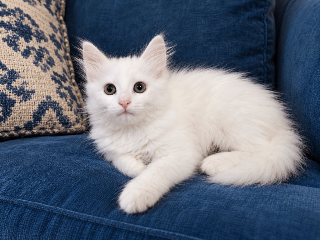 Mooi wit langhaar poesje. Kruising Siberisch, Poes, Langharig, 0 tot 2 jaar
