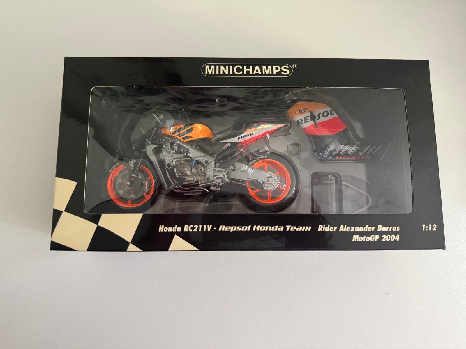 Minichamps Motogp 2004 Honda RC211V Repsol Barros 1/12, Ophalen of Verzenden, Zo goed als nieuw, 1:9 t/m 1:12, Motor