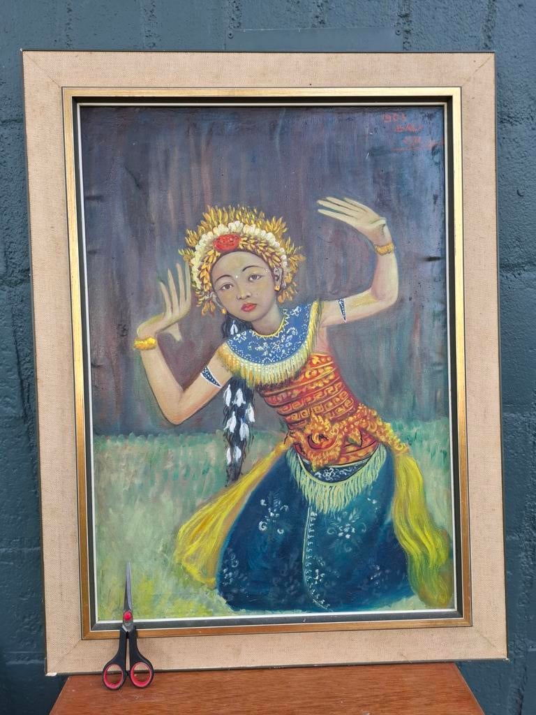 Vintage Boho schilderij Balinese danseres – Olieverf op doek, Ophalen