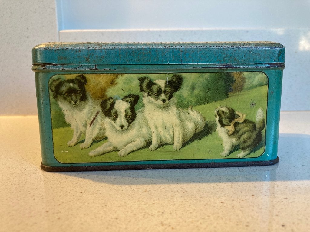 Oud vintage blik met hondjes en kitten (1920-1950). Gemerkt., Verzamelen, Blikken, Ophalen of Verzenden, Gebruikt, Overige, Overige merken