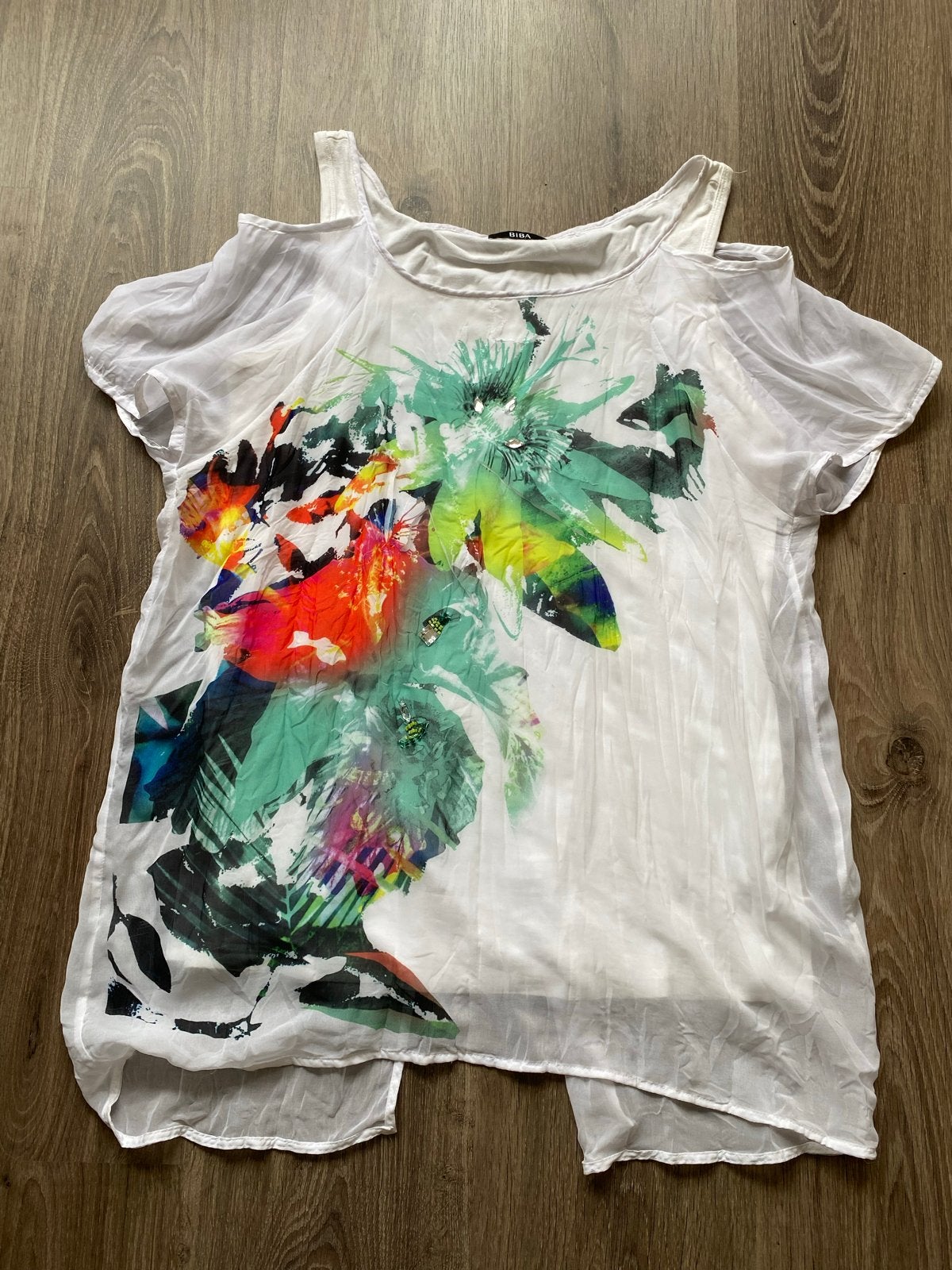 Biba top met bloemenprint en open schouders, Wit, Maat 42/44 (L), Ophalen of Verzenden, Zo goed als nieuw