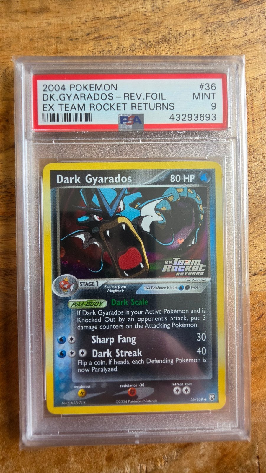 PSA 9 Dark Gyarados Reverse Foil Stamped 2004 Pokémon EX Tea, Ophalen of Verzenden, Zo goed als nieuw, Losse kaart, Foil