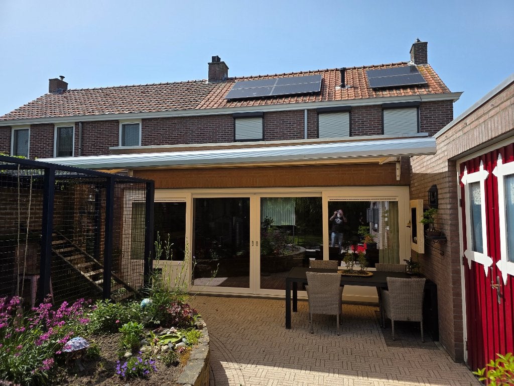 Te koop elektrisch knikarmscherm 6m breed, Ophalen, Gebruikt, 450 cm of meer, Elektrisch