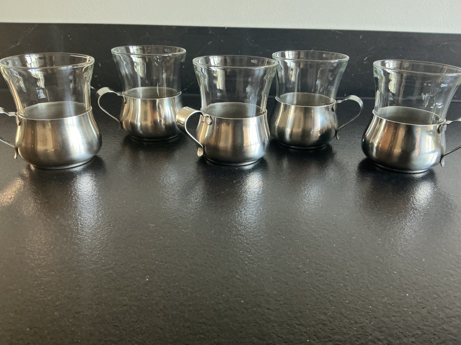 5 vintage theeglazen+houder Inox 18/8 Mènage Beasfis Nox, Ophalen of Verzenden