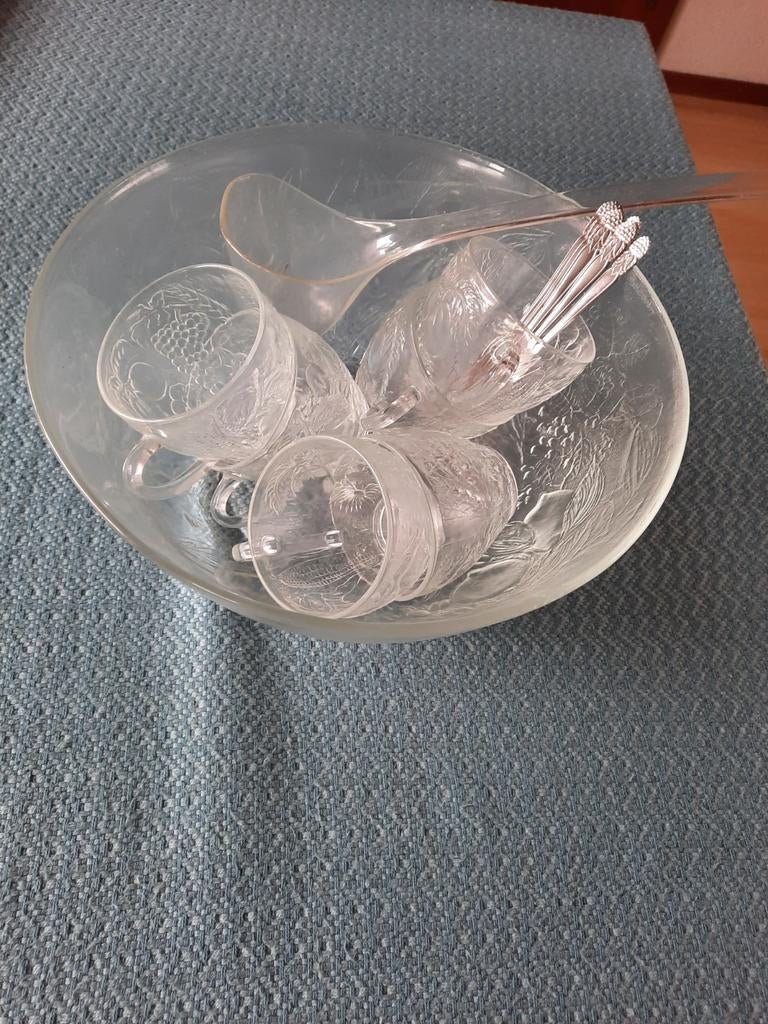 Glazen bowlstel met 6 kommen, 6 vorkjes en opscheplepel, Nieuw, Ophalen of Verzenden, Glas, Kom(men)