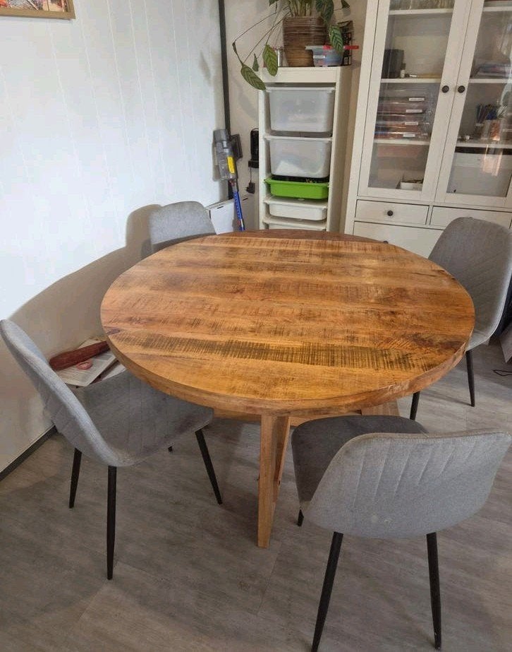 Mooie ronde eettafel van mangohout - 130 cm diameter, Ophalen, Rond, Overige houtsoorten, 100 tot 150 cm