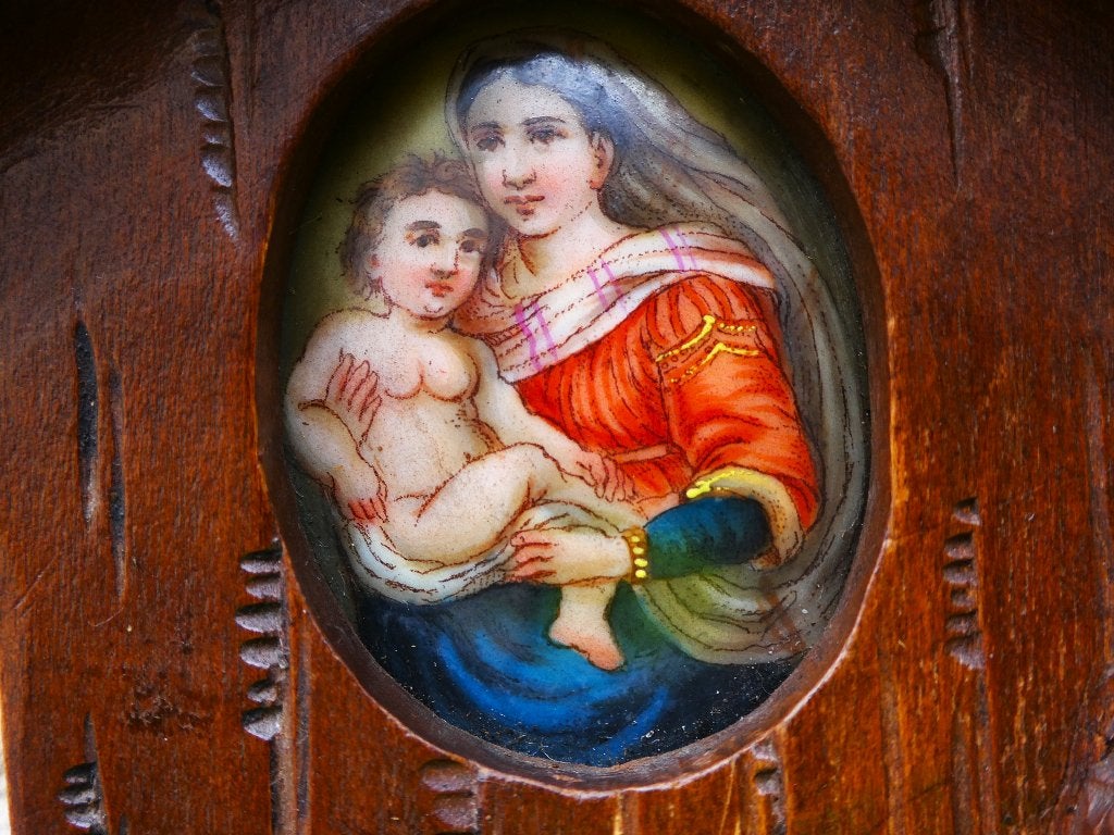 Houtgesneden wijwaterbakje Zwarte Woud met medaillon Maria, Ophalen of Verzenden