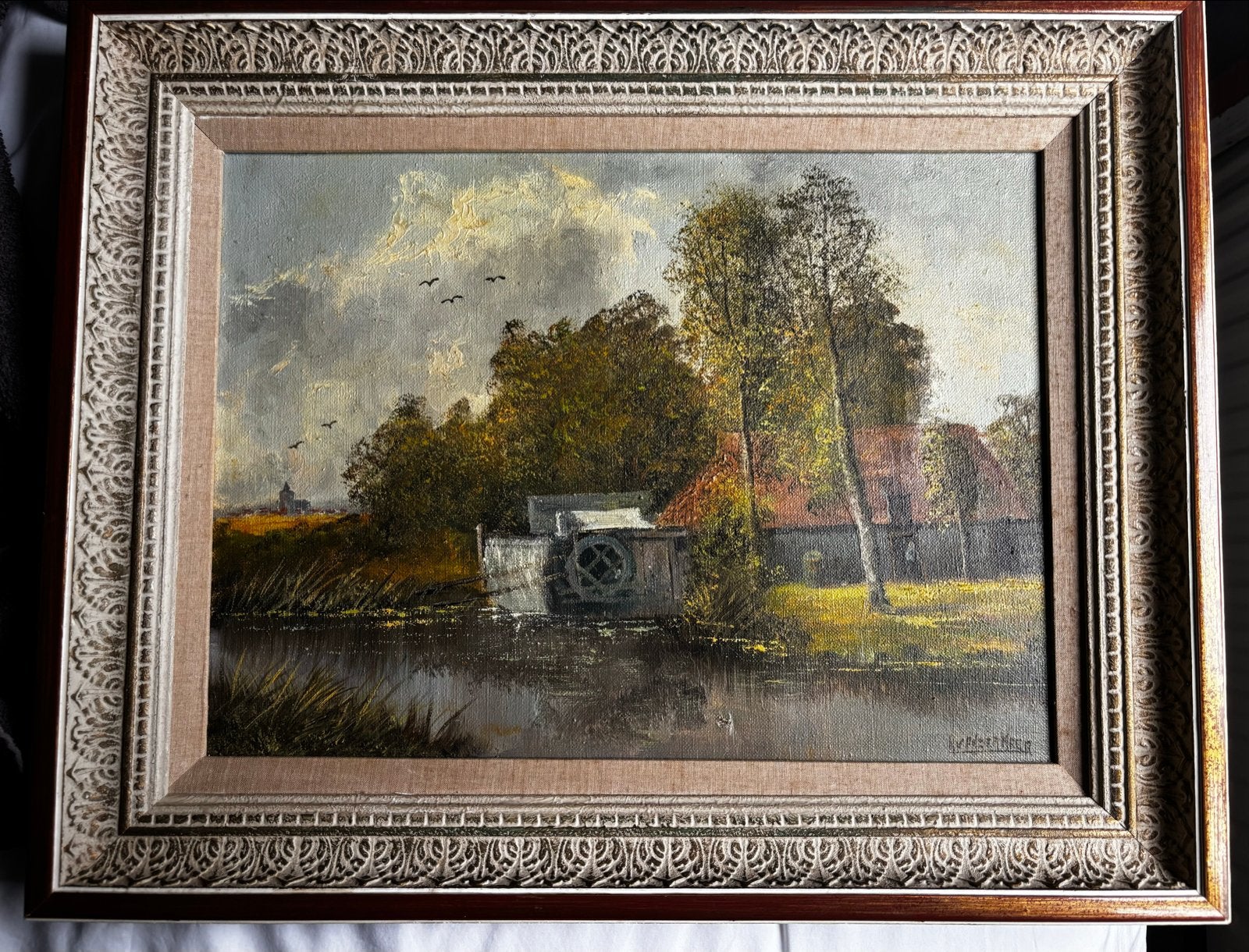 Schilderij van R. van der Meer - Landschap met watermolen, Antiek en Kunst, Doek, Realistisch, Ophalen of Verzenden, Gesigneerd